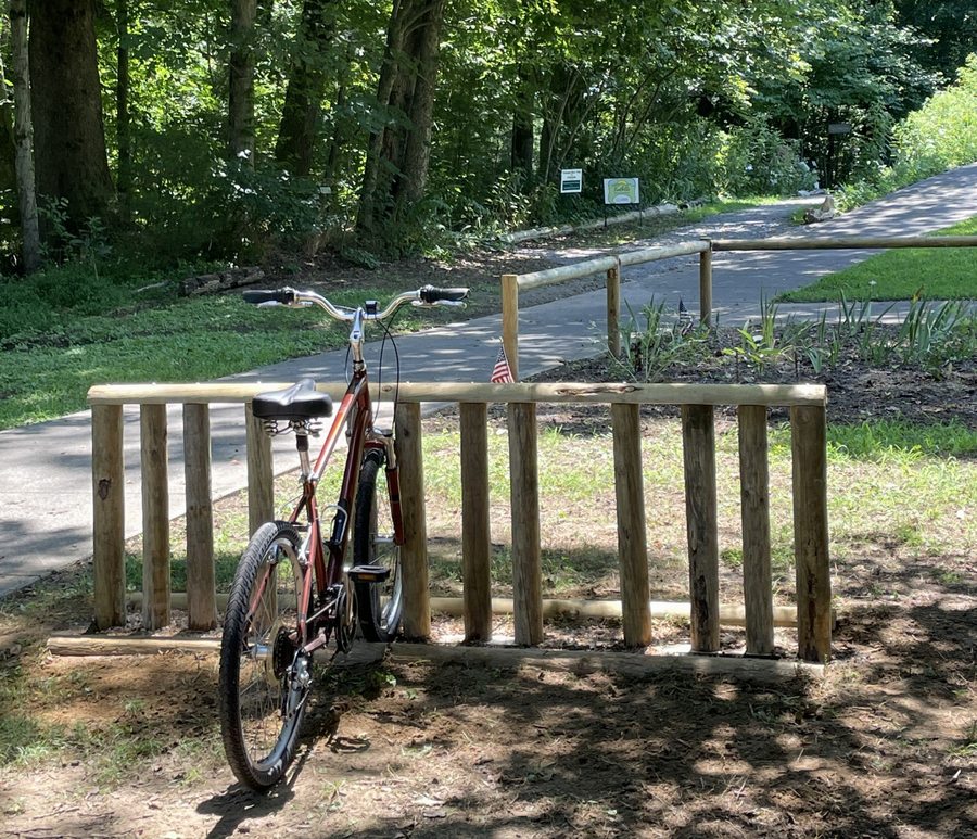 The Latest Addtion to the TRWA is the First of Two Bike Parking Racks.  This one is located by the Iris Garden.  Thanks to Rodney Pearson for Designing, Creating and Installing.
