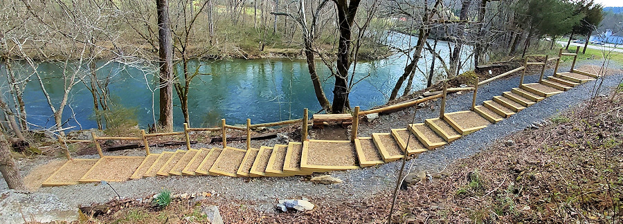 Panorama View of the Completed South Stairs, Railing & Bench at the Townsend River Walk & Arboretum