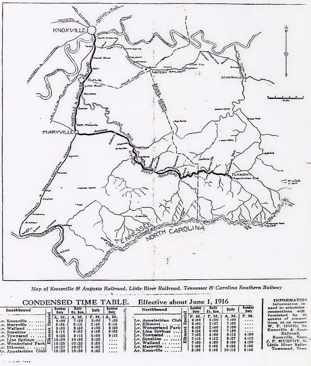 1916 Map and Train Schedule of the Little River Railroad & Knoxville Railroad
